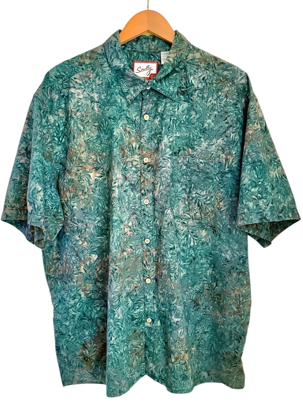 Scully Batik Tropical Camp Shirt Western Leaf Print Cotton Teal Gray XXL